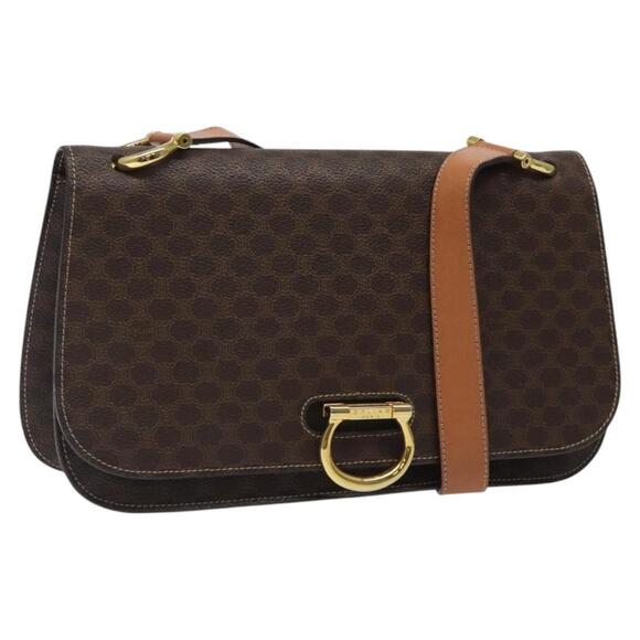 CELINE Macadam Canvas Shoulder Bag Pvc Leather Brown Gold - Picture 1 of 12